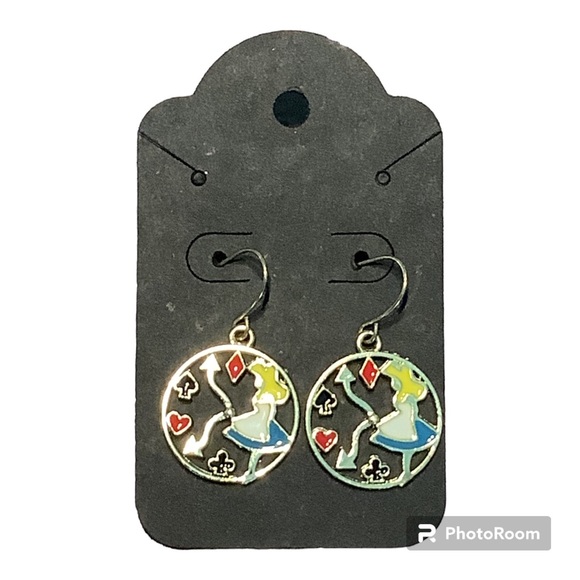 Round Alice in Wonderland Inspired Dangle -Literary Fantasy - Clock Earrings - Picture 2 of 6